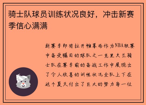 骑士队球员训练状况良好，冲击新赛季信心满满